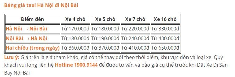 Gi&aacute; xe Nội B&agrave;i H&agrave; Nội vủa xevipsanbay